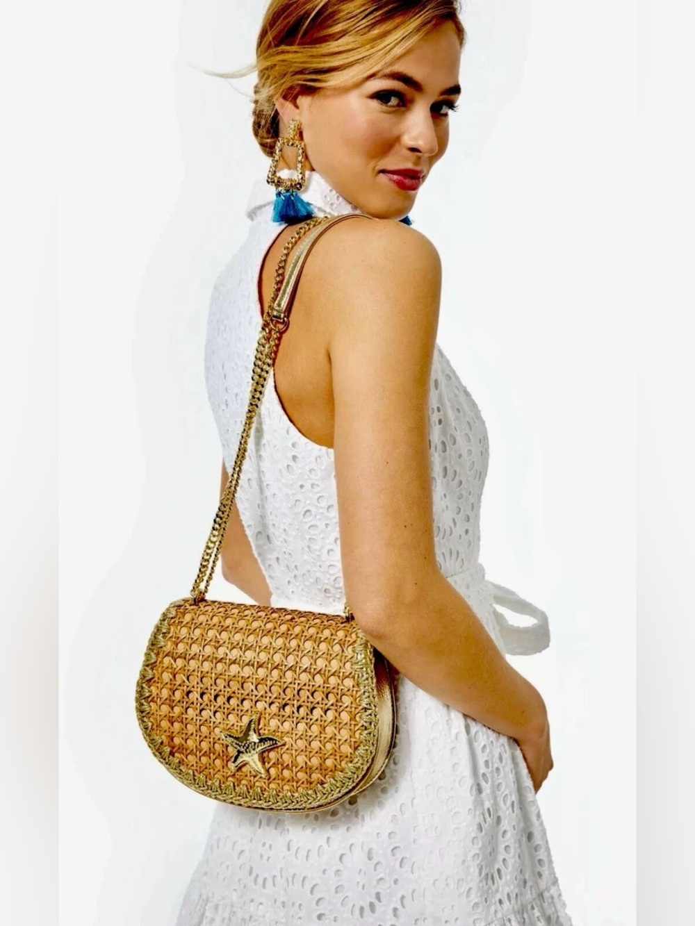 Lilly Pulitzer Rattan Woven Crossbody with Gold Star Accent